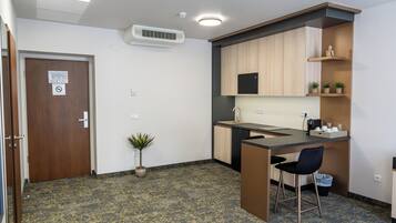 A compact kitchen with a countertop, a sink, and a chair. There is a potted plant and a door with a sign.