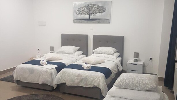 Ein Schlafzimmer mit zwei Betten, einem runden Teppich und einer Wand-Klimaanlage.