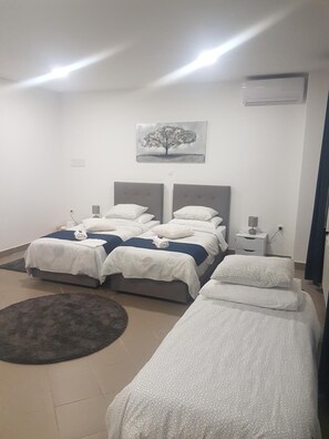 Een slaapkamer met twee bedden, een rond vloerkleed en een luchtverkoeler aan de muur.