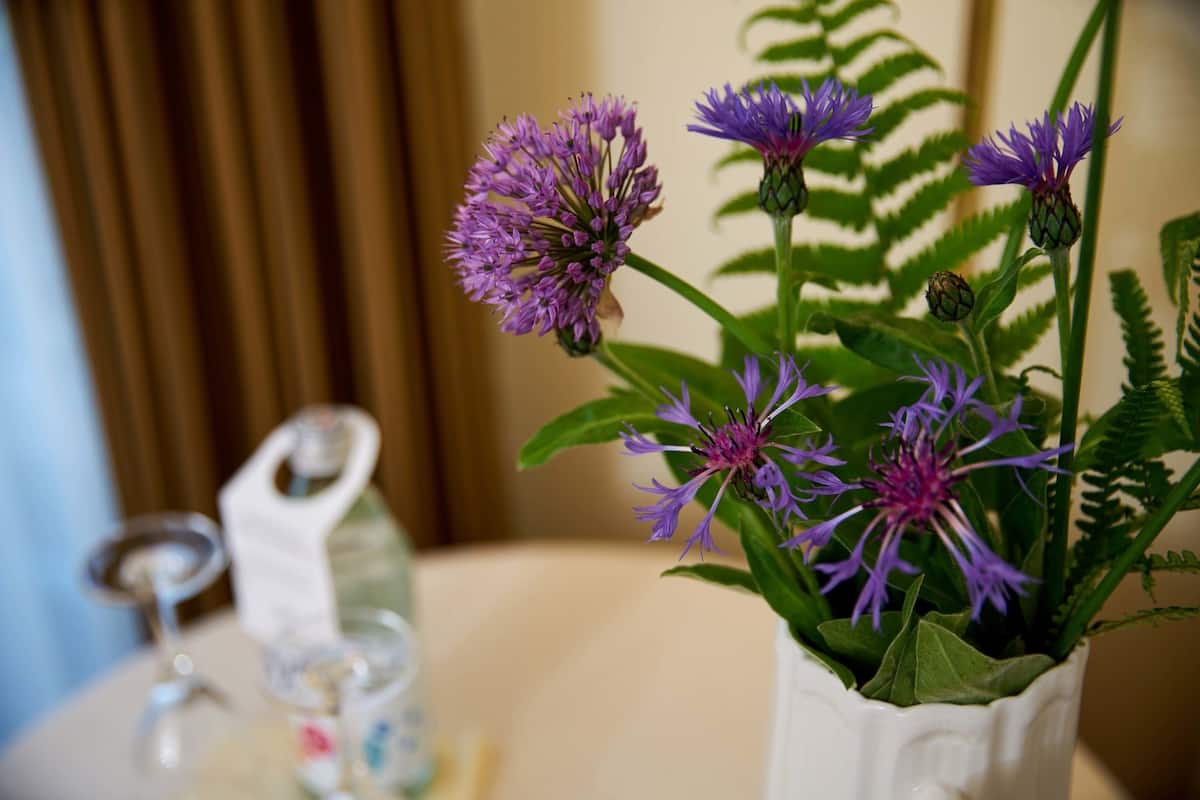 A table with a white vase containing purple flowers and green leaves.