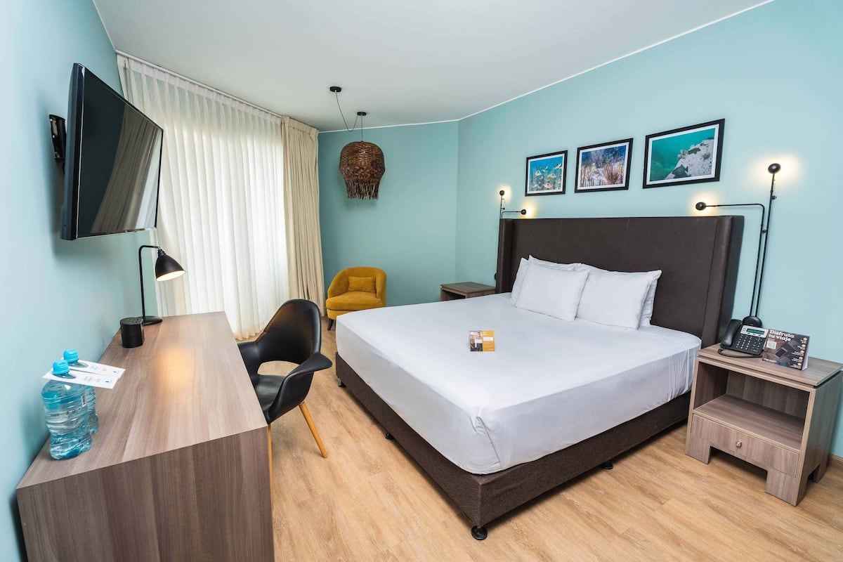 A hotel room with a large bed, a desk with a chair, a TV mounted on the wall, and a nightstand with a lamp.
