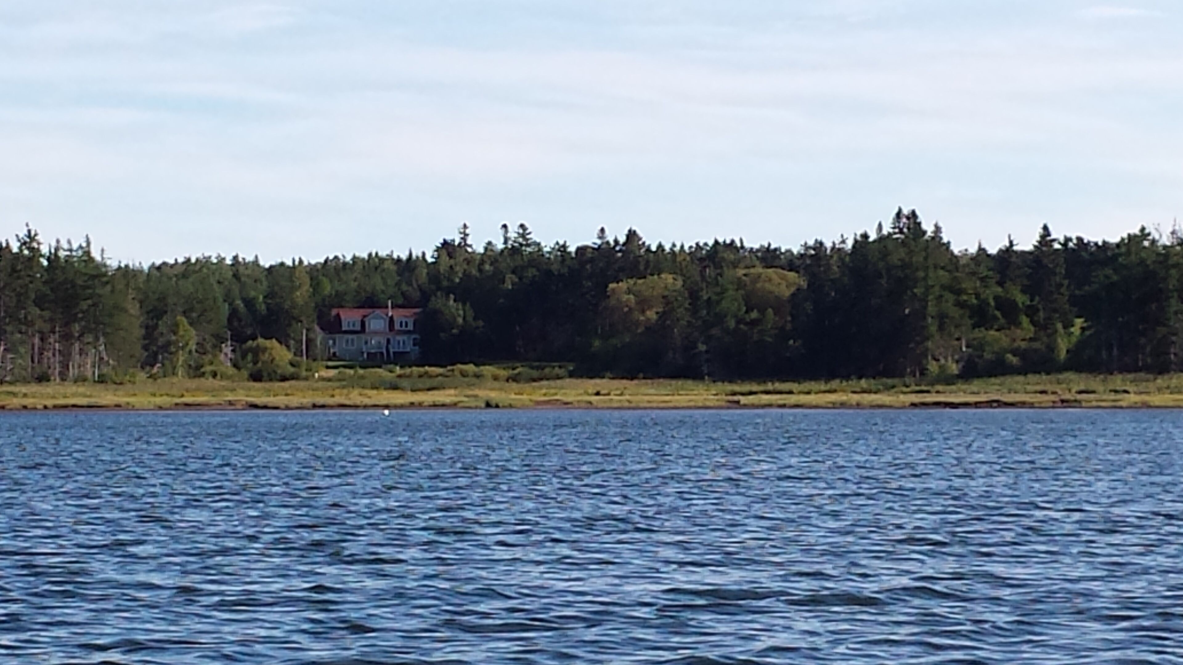 Ett hus vid en sjö med en skog i bakgrunden.
