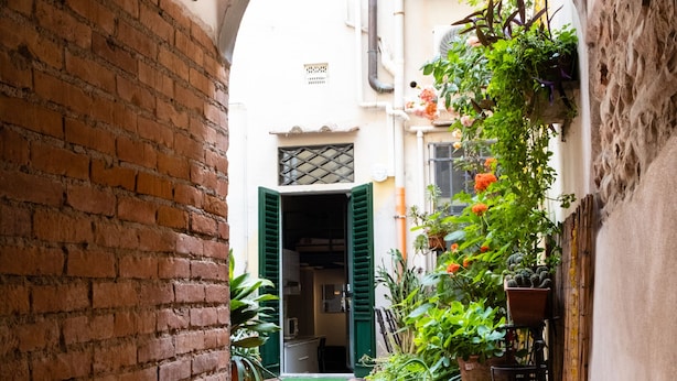 An arched corridor with brick walls, potted plants, and framed pictures. - The nest - Cozy studio apartment in Santa Croce (Firenze)