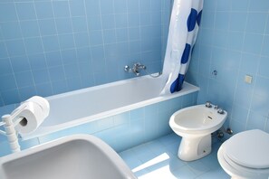 Combined shower/tub, hair dryer, bidet, towels
