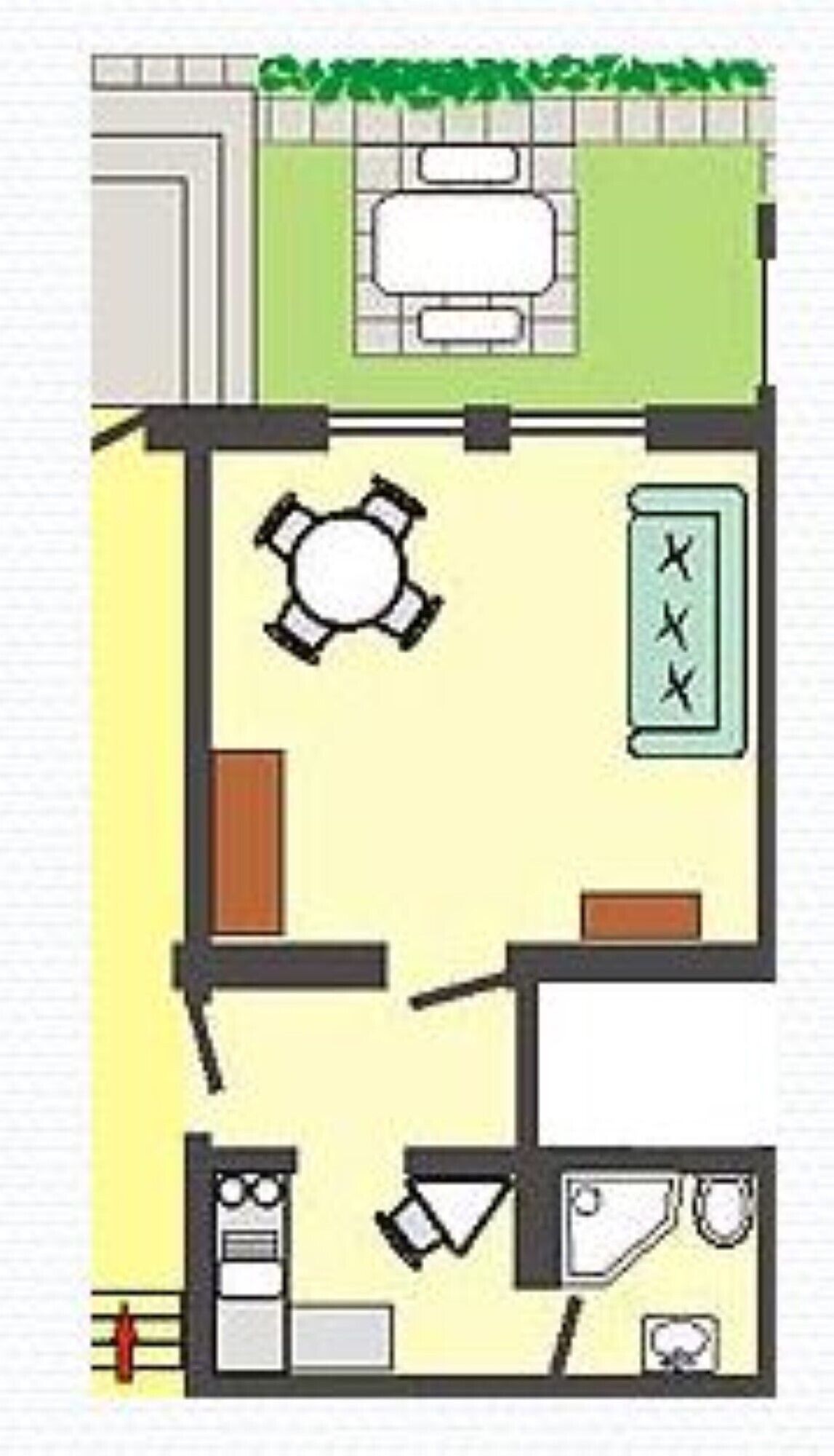Een plattegrond van een kamer met een eettafel, een bank, een televisie, een keuken en een badkamer.