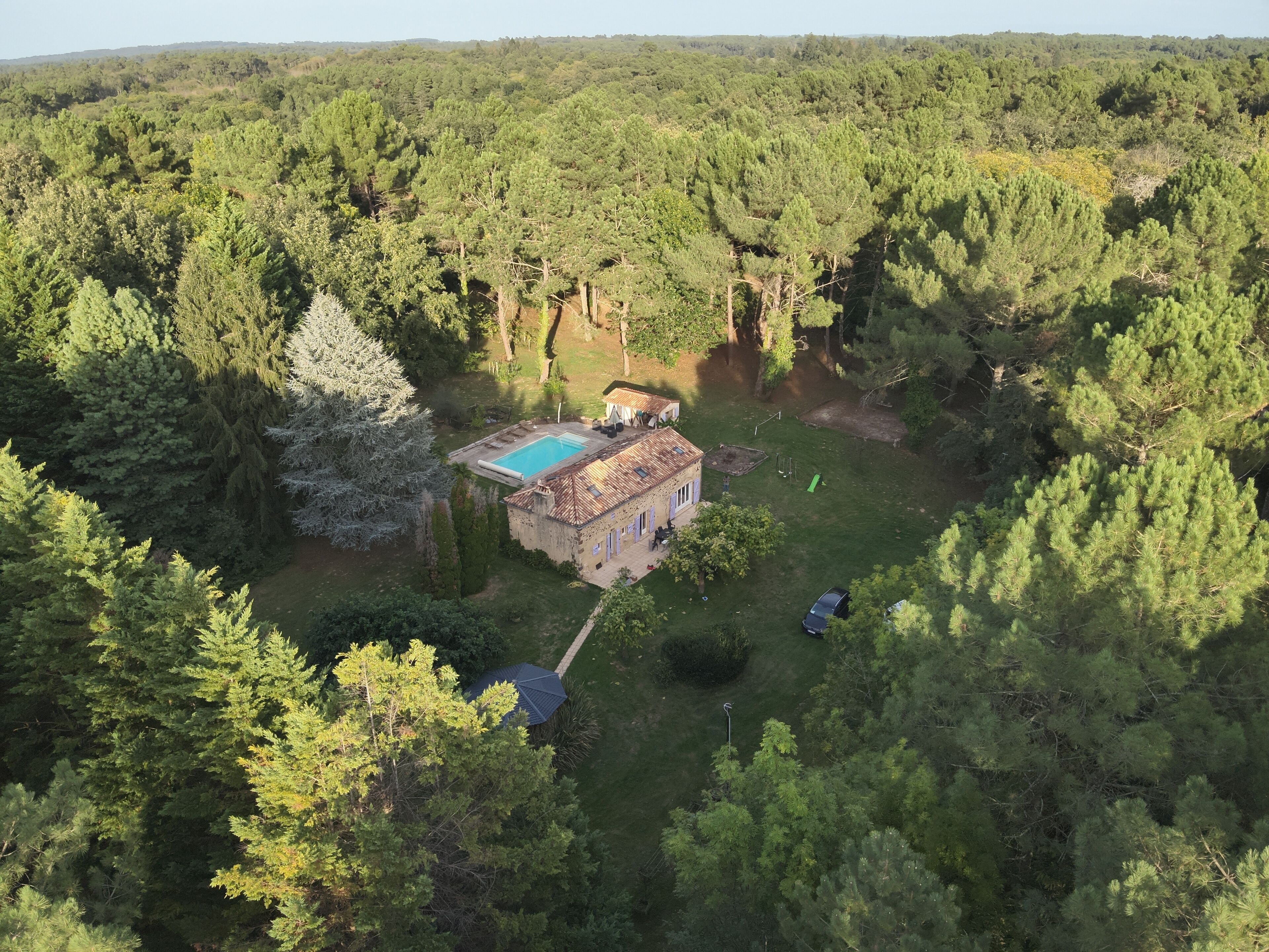 A house surrounded by dense forest, with a swimming pool and a small garden.