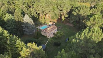 A house surrounded by dense forest, with a swimming pool and a small garden.