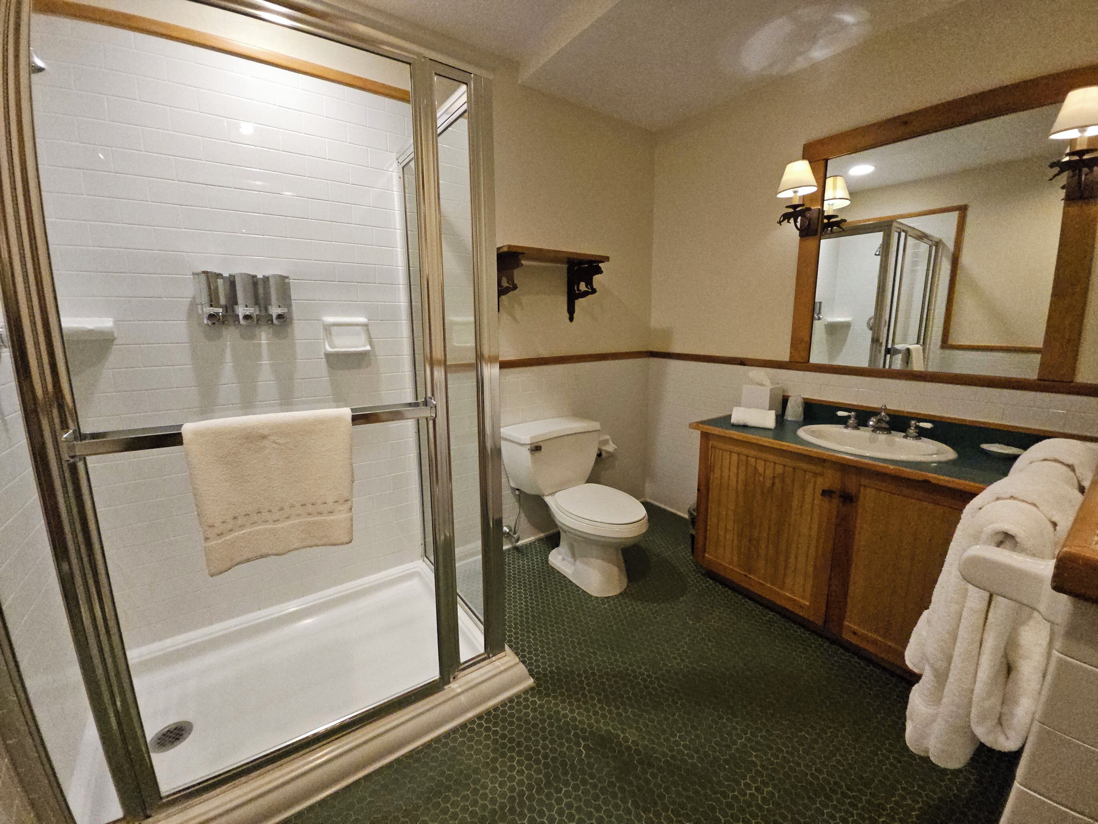 A bathroom with a glass-enclosed shower, a toilet, a sink, and a mirror.
