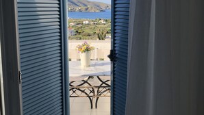 A view from a balcony with closed shutters, a potted plant, and a tiled floor.