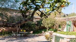 Un patio con mobiliario exterior, un muro de piedra y un árbol con frutos.