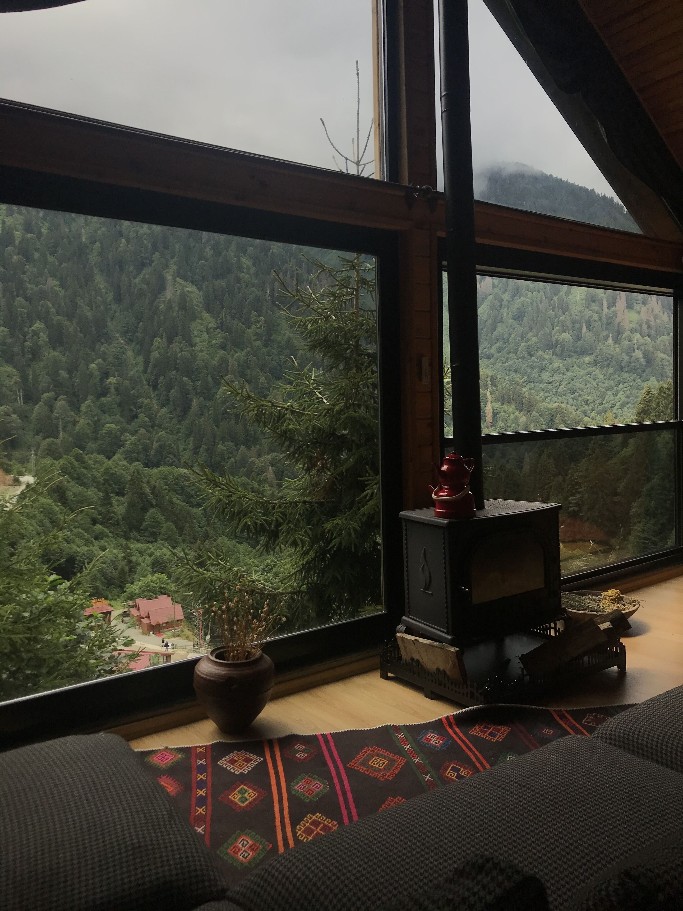 A room with large windows offering a view of a forested valley. A wooden stove is visible in the corner.