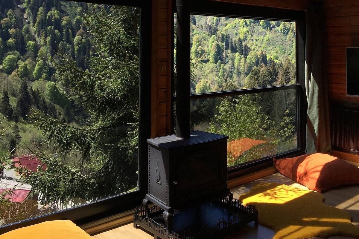 Ein Zimmer mit großen Fenstern, das einen Blick auf schneebedeckte Berge und dichte Wälder bietet. In der Ecke ist ein Kaminofen zu sehen.