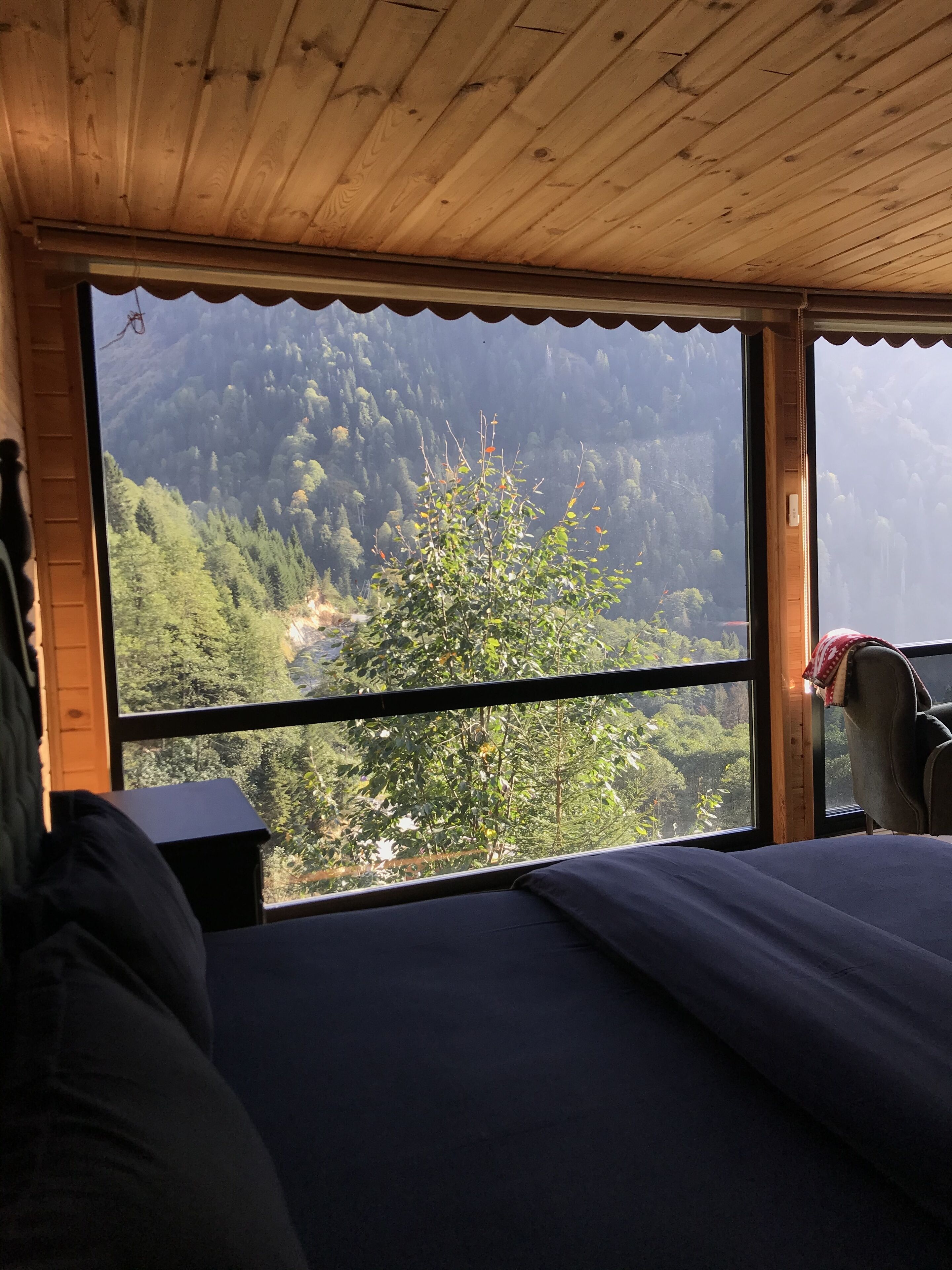 A room with a bed, a chair, and a large window offering a view of a forested mountain area.