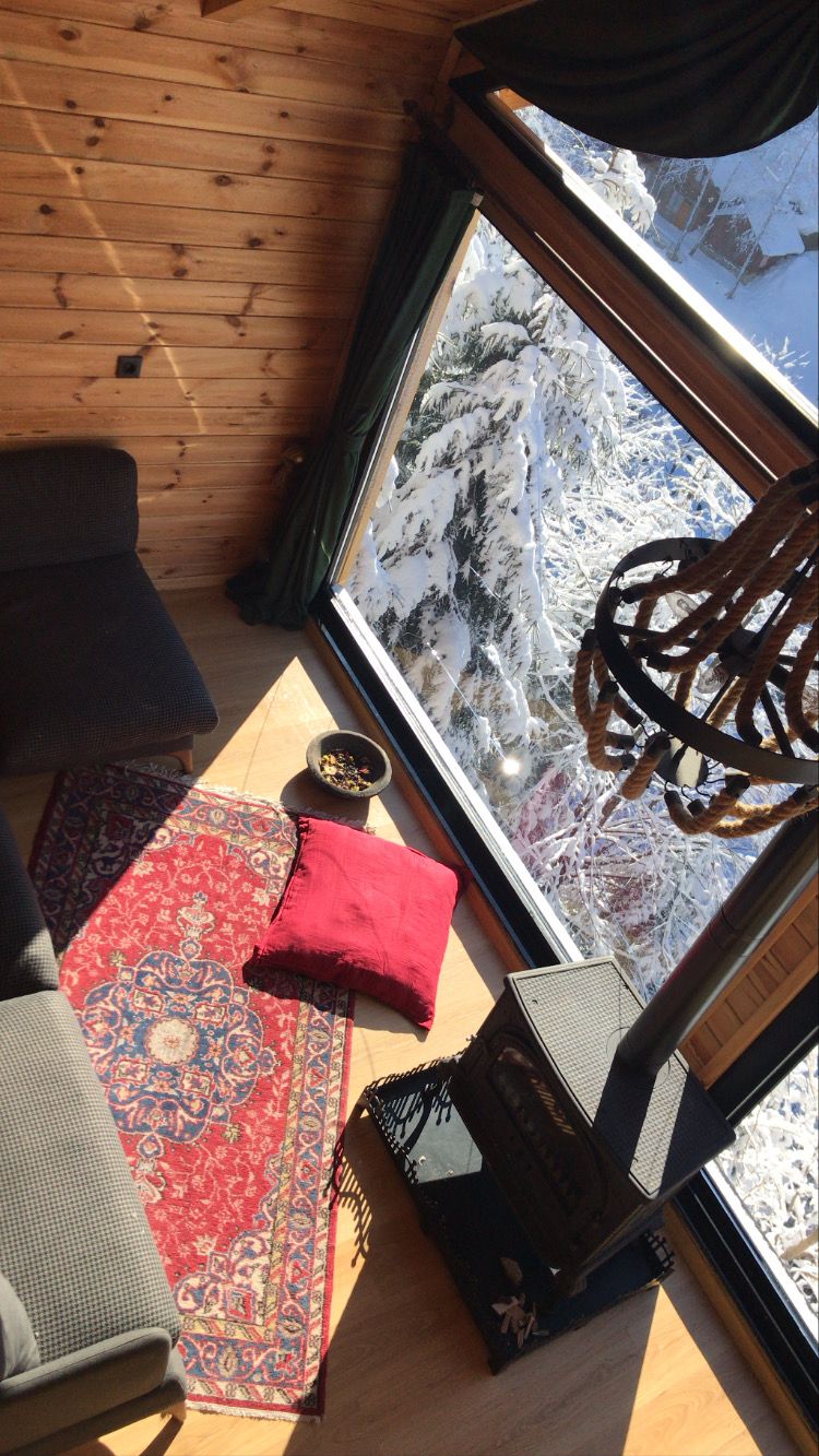 A cozy room with a wooden ceiling, a large window with a view of snow-covered trees, a red cushion, a patterned rug, and a black chair.