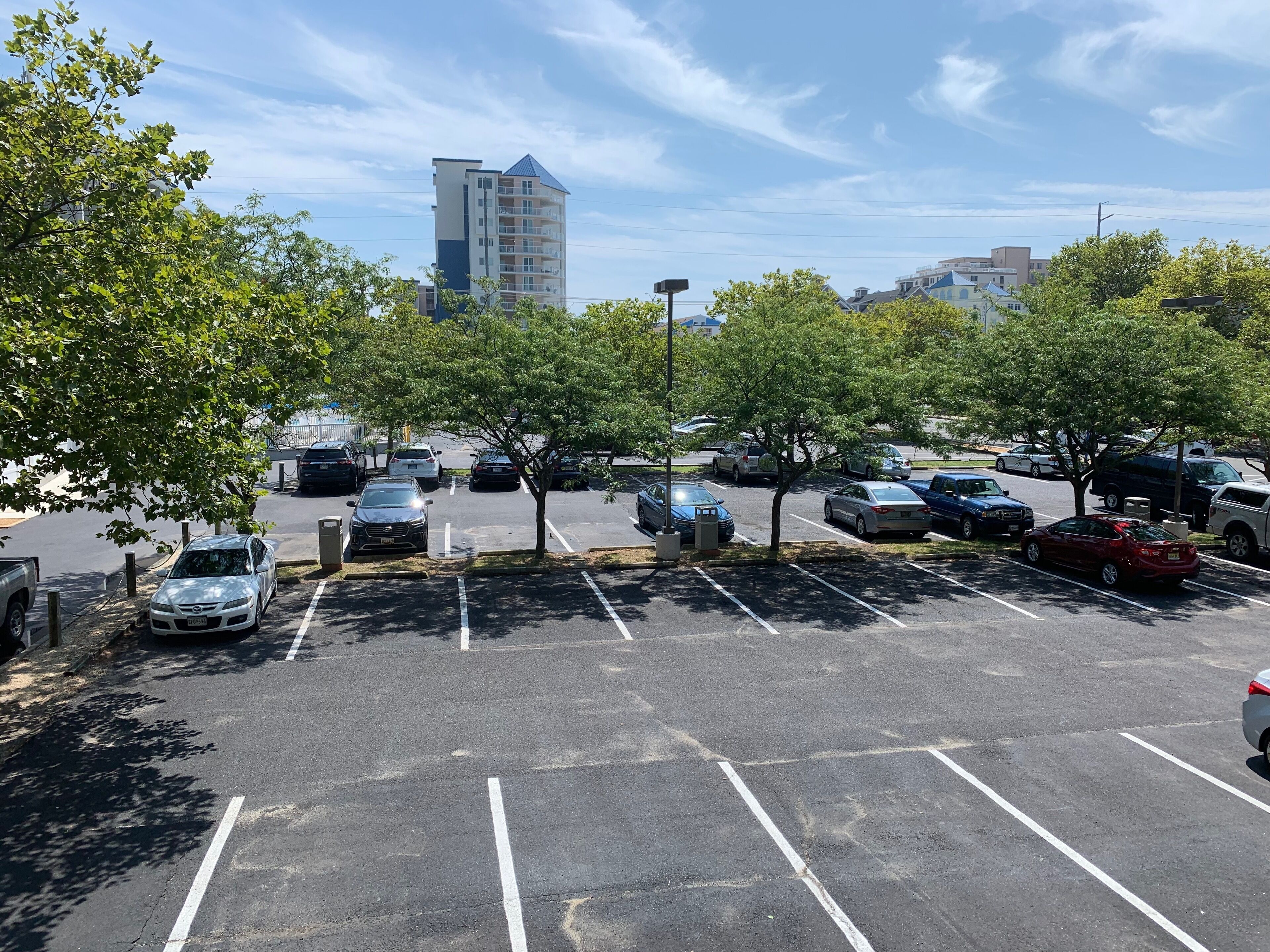 A parking lot with multiple cars and trees.