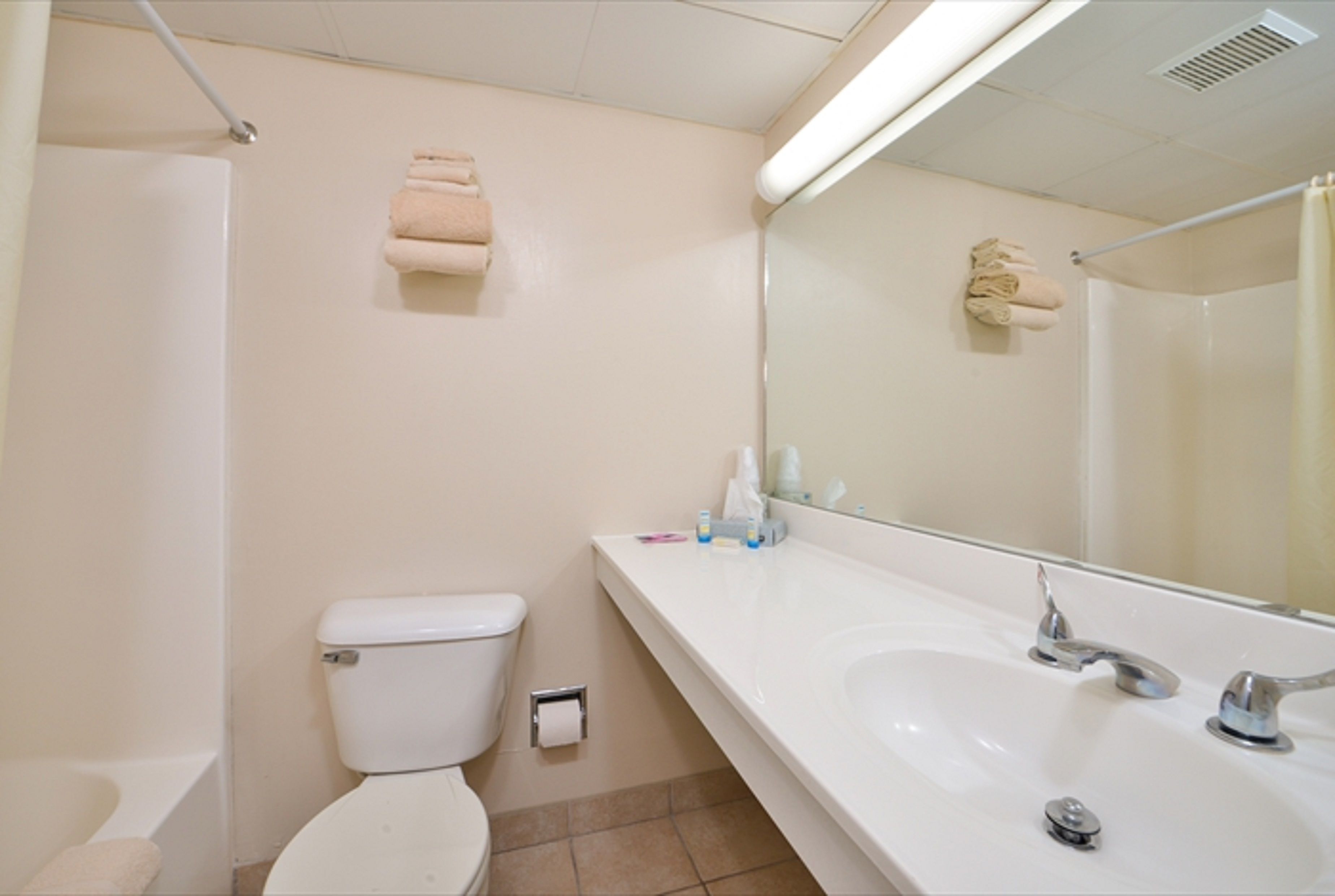A bathroom with a toilet, sink, and mirror.