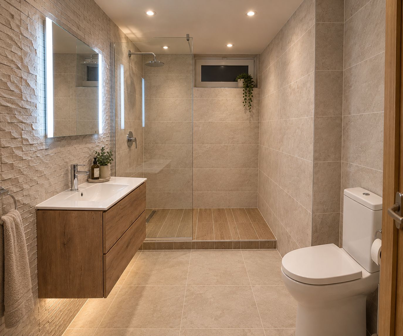 A modern bathroom with a shower, toilet, and vanity.