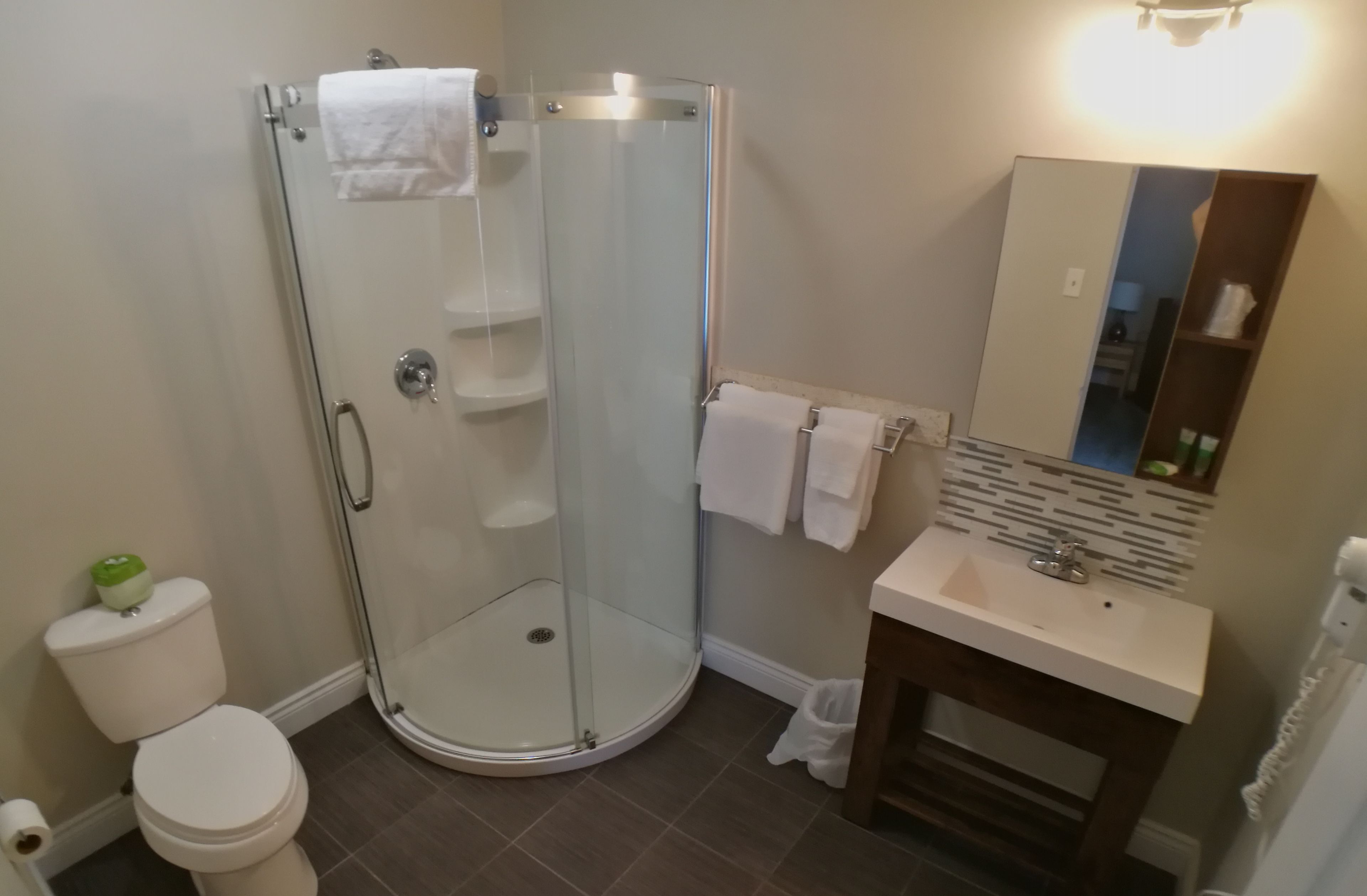 Une salle de bain moderne dotée d’une douche à parois de verre, de toilettes, d’un lavabo et d’un miroir.