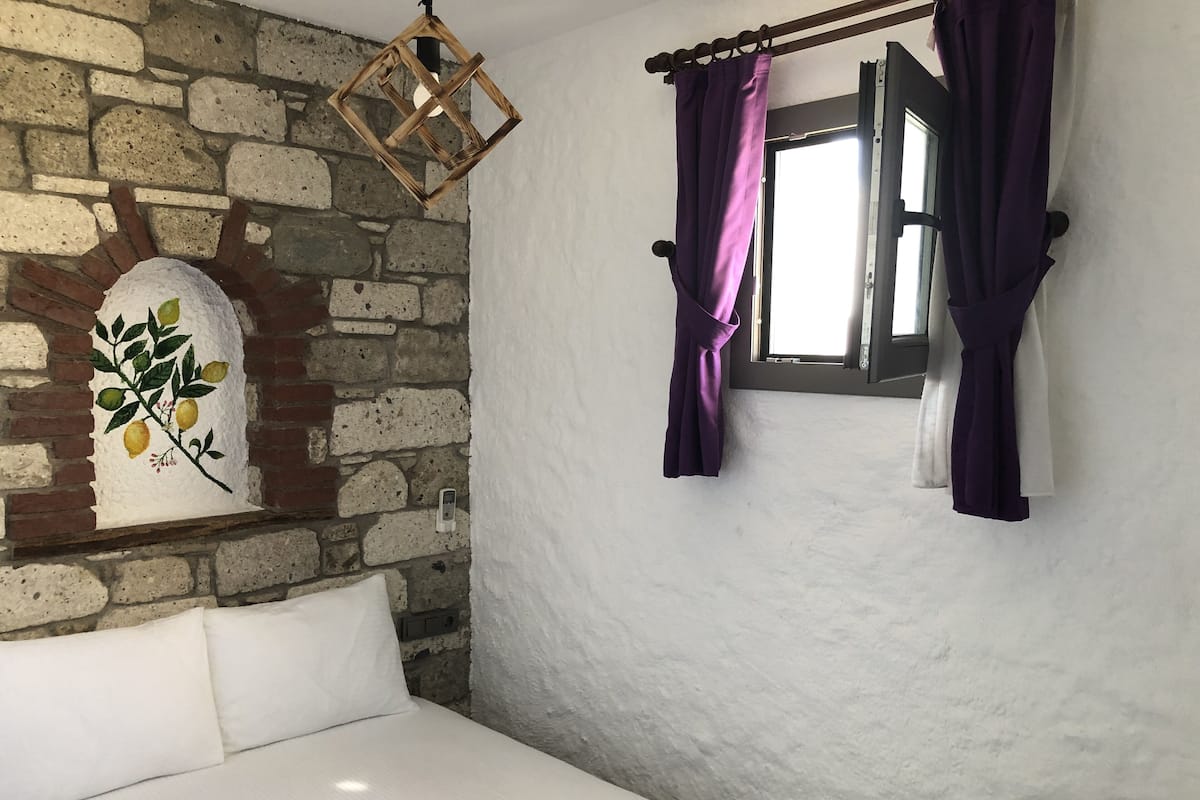 Una habitación con una cama, un ventanal con cortinas moradas, una lámpara fijada a la pared y una pared de ladrillo con una rama de limón pintada.