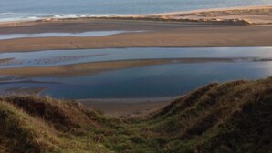 Eine Küstenlandschaft mit Strand, grasbewachsenen Dünen und ruhiger See.
