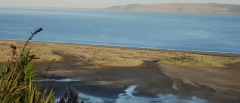 Een kustlandschap met een strand, begroeiing en een bergketen in de verte.