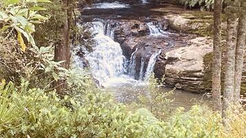 Una cascada se precipita sobre terreno rocoso rodeado de vegetación exuberante.