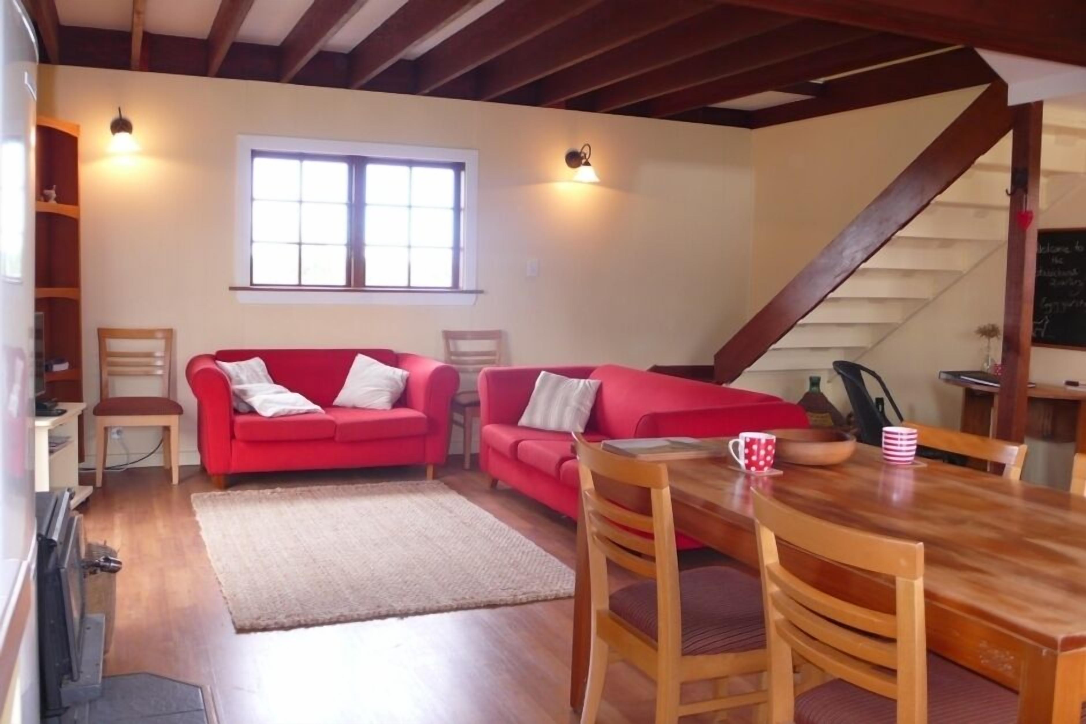 TV, fireplace, books