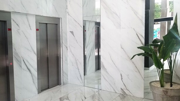 A marble-floored hallway with two elevators and a potted plant. - Palermo Market Luxury apartaments (Buenos Aires)