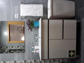 Douche, séchoir à cheveux, bidet, serviettes fournies