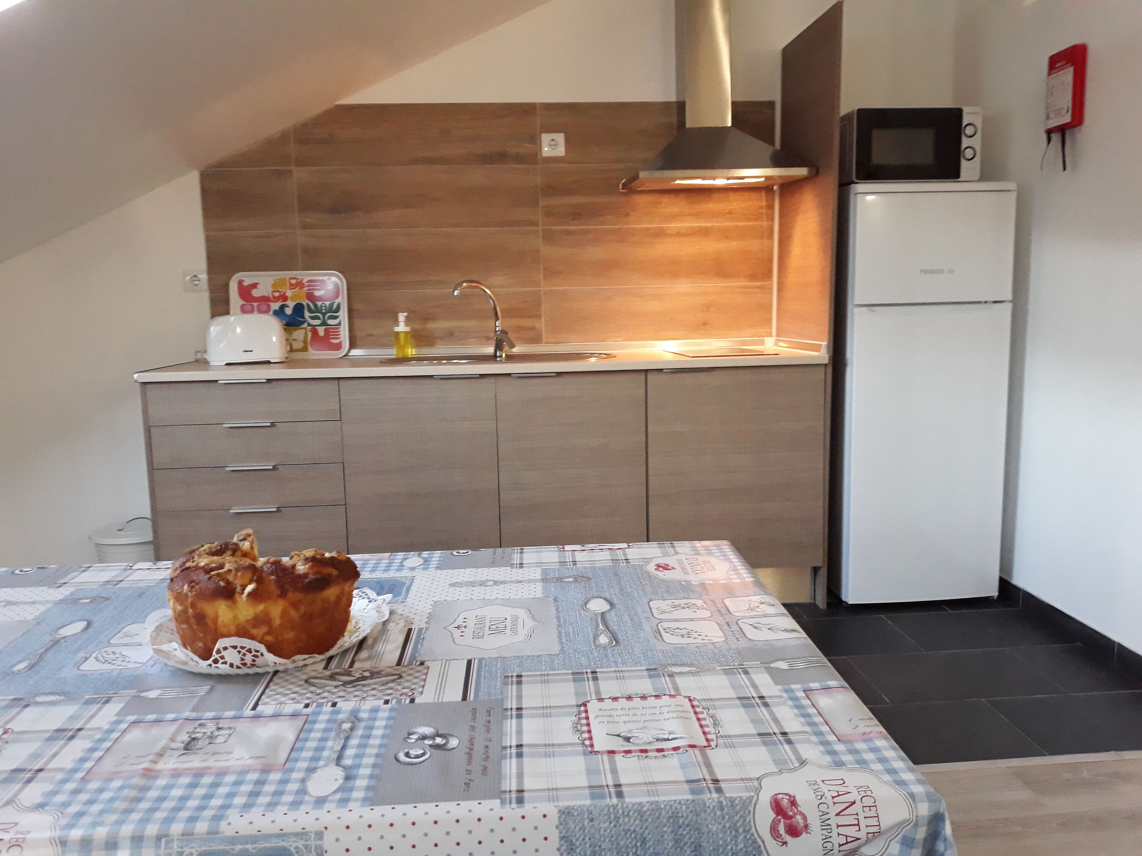 Kühlschrank, Mikrowelle, Herdplatte, Wasserkocher mit Kaffee-/Teezubehör