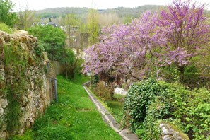Um muro de pedra com um caminho estreito serpenteando por um jardim com árvores de flores roxas.