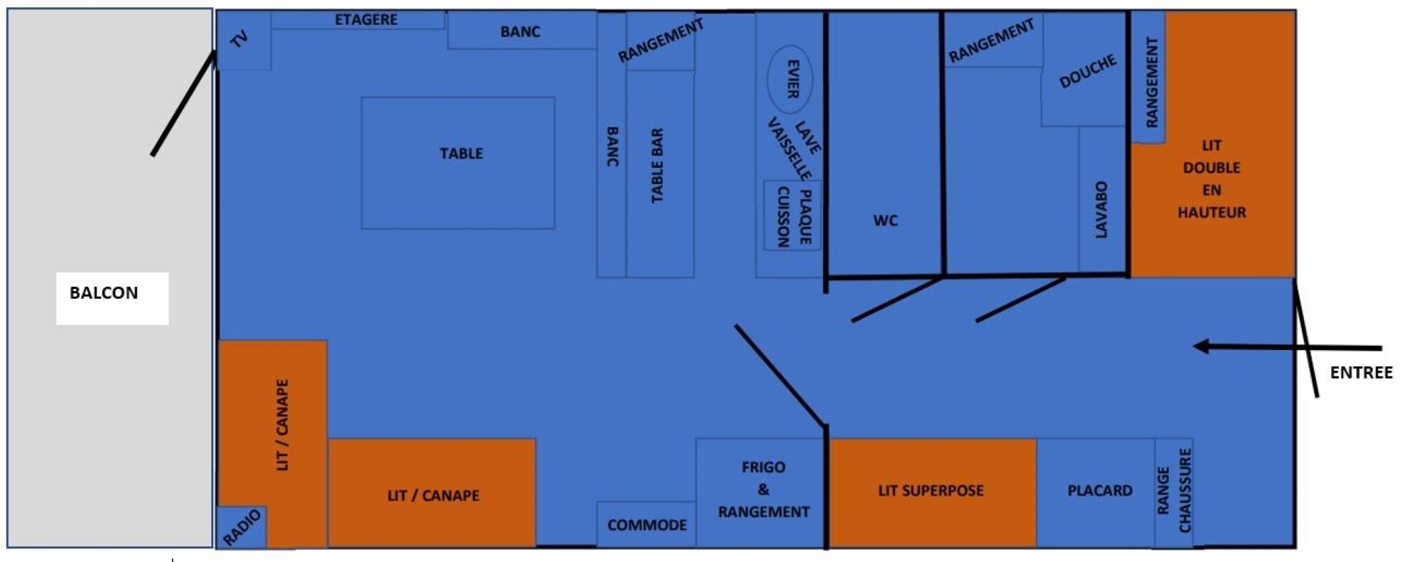 Indeling van een hotelkamer met balkon, televisie, tafel en diverse voorzieningen zoals een koelkast, aflegplaats en toilet.