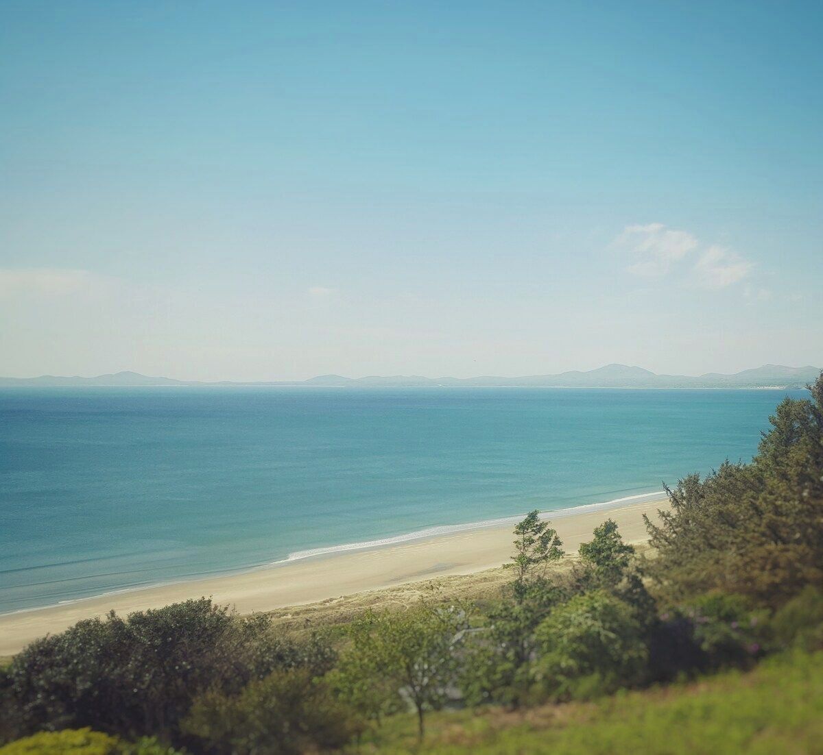 Eine Küstenlandschaft mit Strand, Bäumen und fernen Bergen unter blauem Himmel.