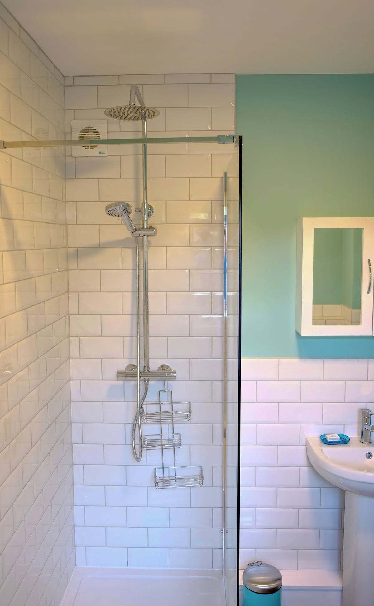 Shower, hair dryer, shampoo