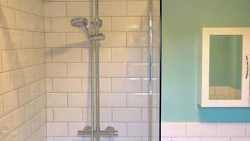 Shower, hair dryer, shampoo