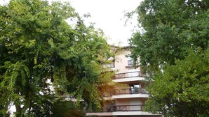 Een meerlaags woongebouw met balkons, omgeven door weelderige begroeiing.