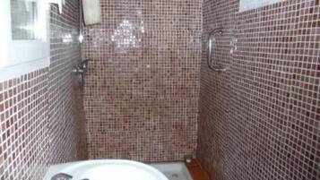 Shower, hair dryer, towels, toilet paper