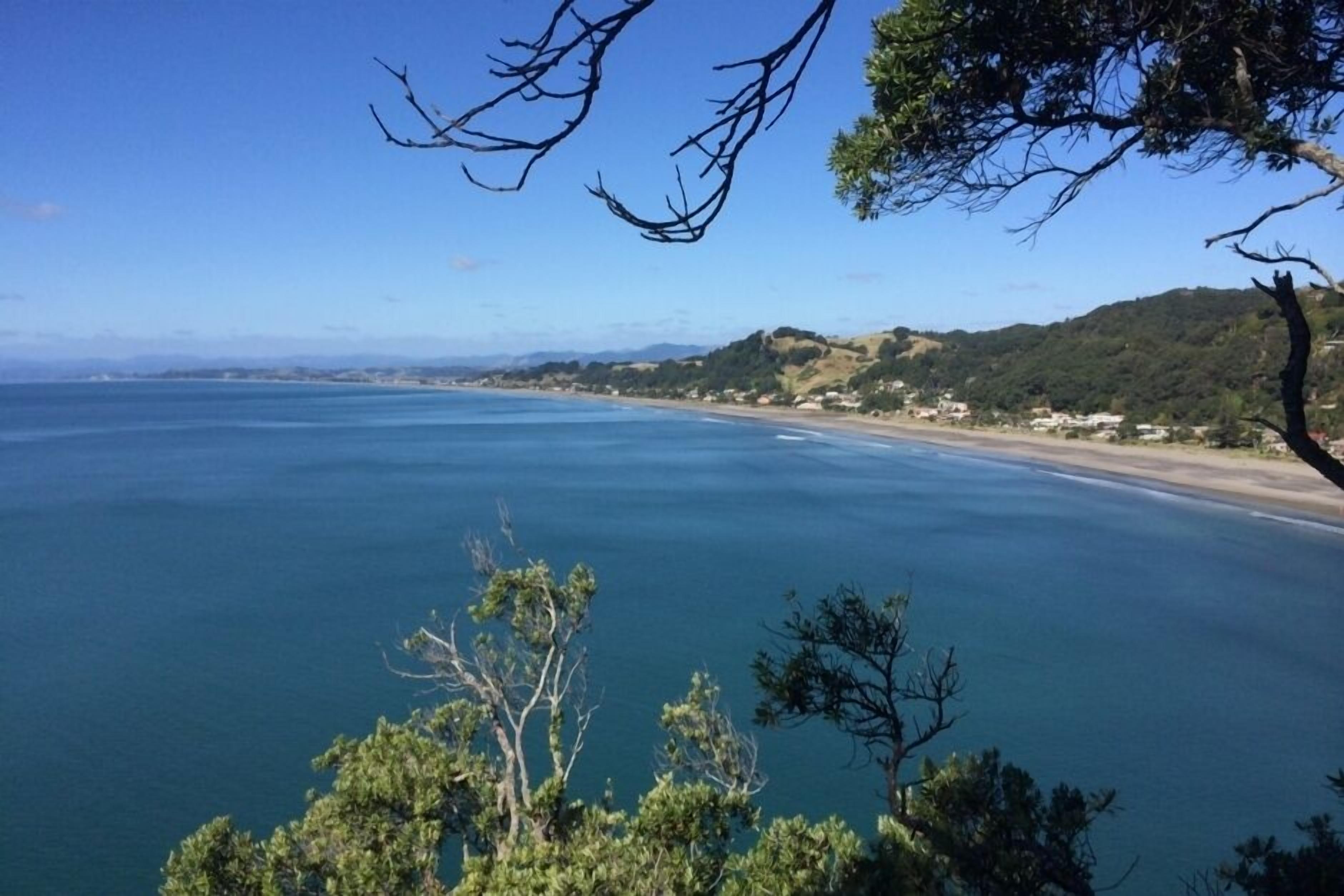 Paisatge costaner amb una platja, turons i vegetació escassa.