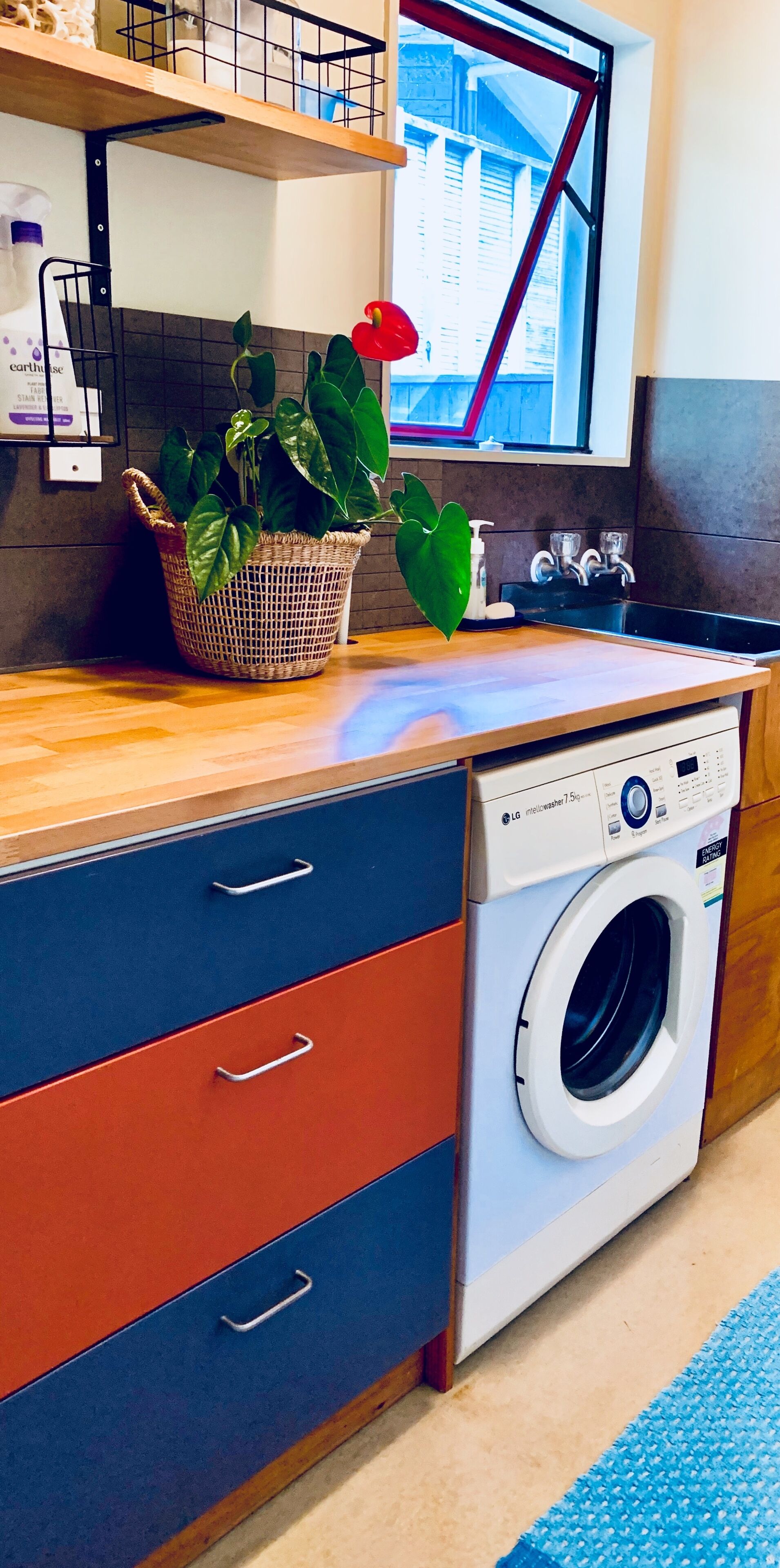 Un espace buanderie compact comprenant un lave-linge, un panier en osier avec une plante et une fenêtre donnant sur un immeuble.