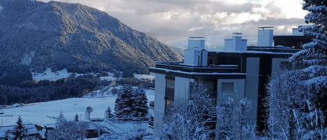 A modern building with multiple chimneys, surrounded by snow-covered trees and a mountainous backdrop.