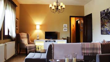 Smart TV, fireplace, DVD player, books