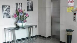 A reception area with a glass console table, framed artwork, a potted plant, and an elevator. - Mizparton Hotel (Foshan)