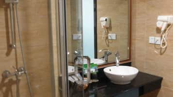 Shower, free toiletries, slippers, towels