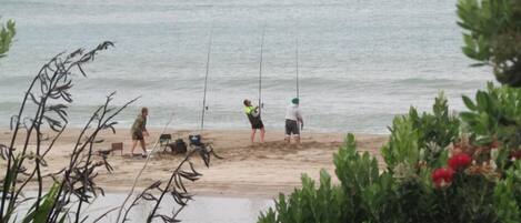 On the beach, sun-loungers