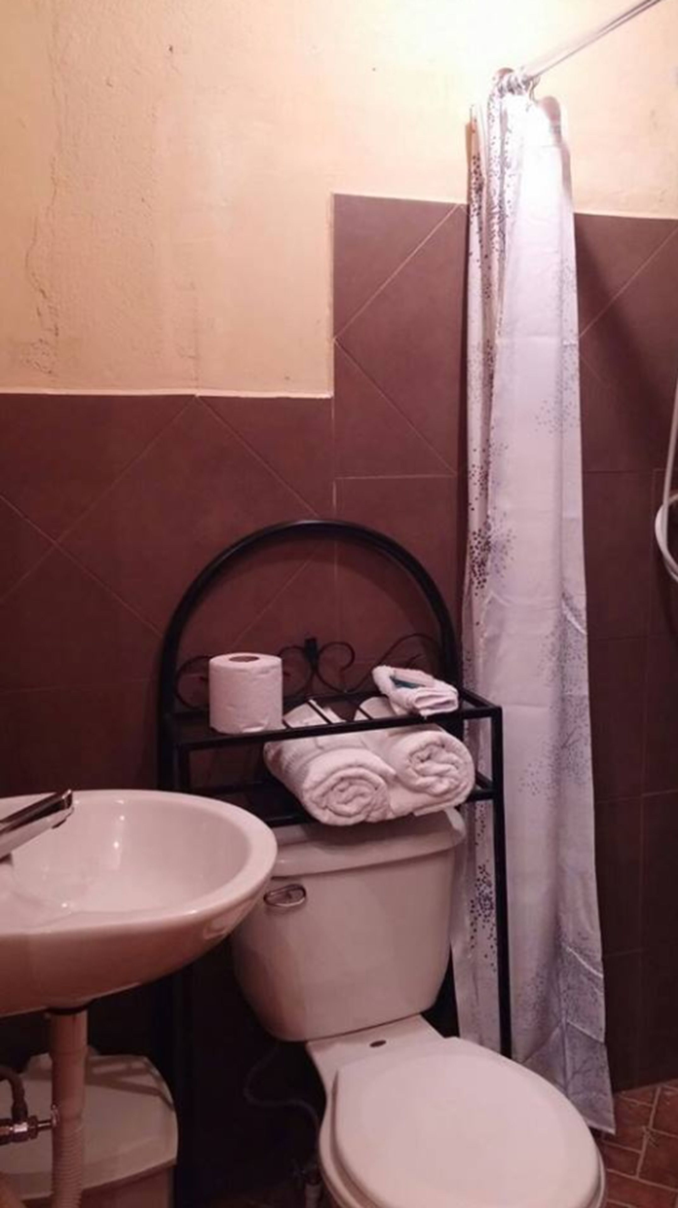 Shower, rainfall showerhead, free toiletries, towels