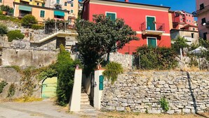 A hillside residential area with colorful buildings, a stone wall, and a tree in the foreground.