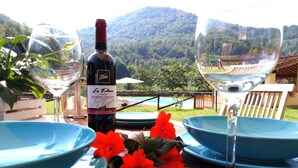 Una mesa servida con copas de vino y platos, una botella de vino y flores rojas, con un paisaje montañoso al fondo.