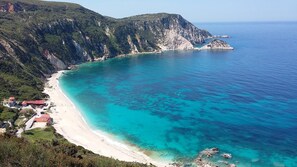 Una zona costanera amb una platja, penya-segades rocoses i alguns edificis.