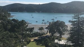 A coastal area with boats docked at a marina, surrounded by hills and greenery. - Peaceful Ocean facing Island Escape (Kawau Island)