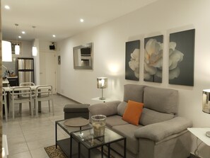 Flat-screen TV, DVD player, books